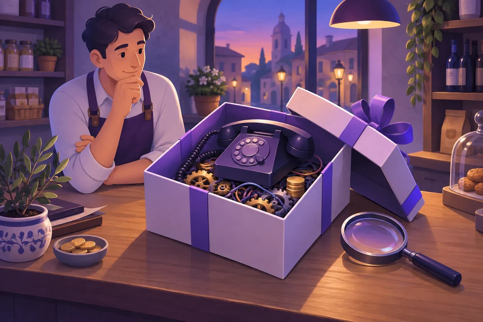 Illustrazione: un negoziante osserva una scatola regalo aperta con dentro un telefono, ingranaggi, cavi e monete, accanto a una lente d'ingrandimento
