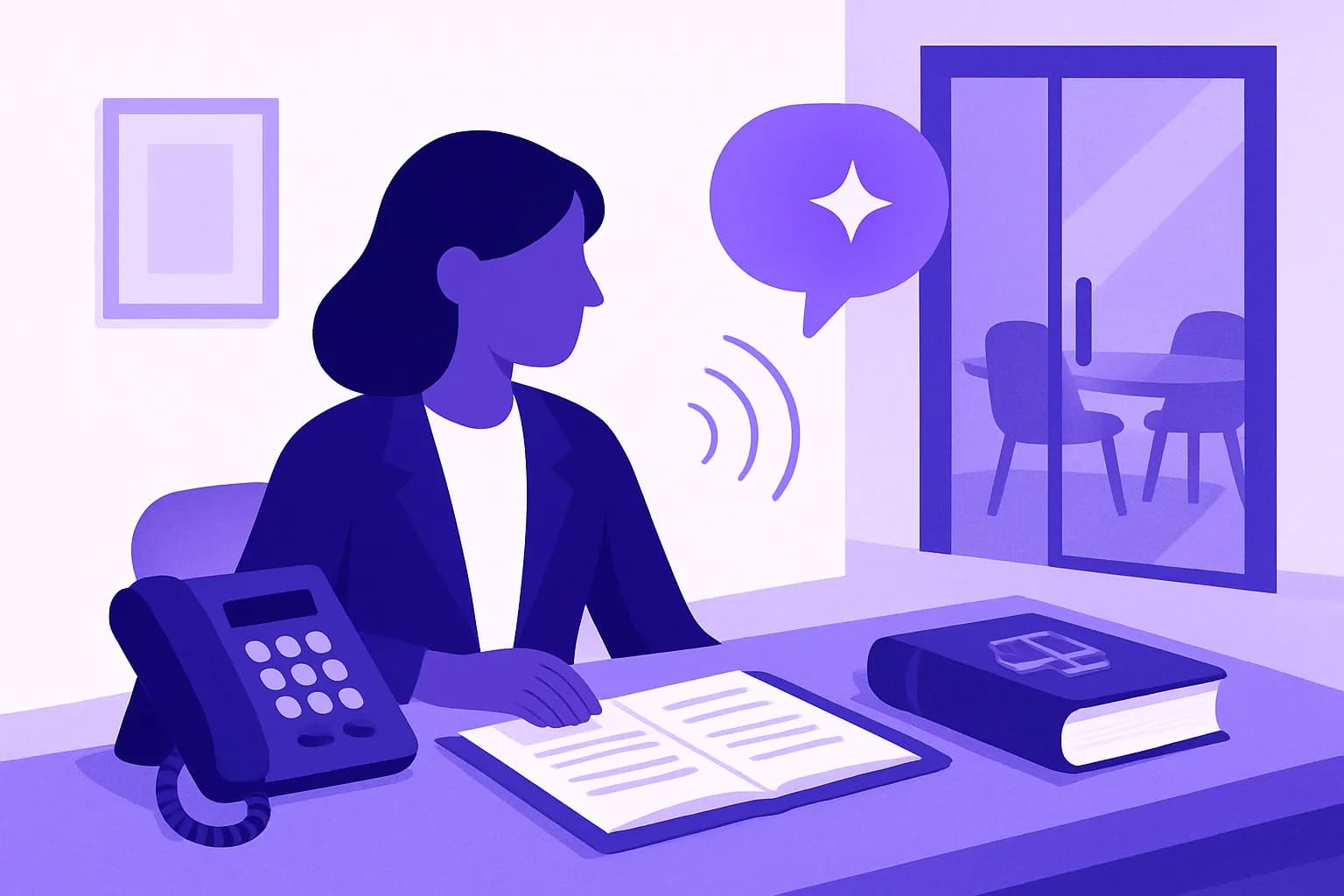 Illustrazione: una professionista alla scrivania di uno studio, con un telefono che squilla, un fascicolo aperto e un codice; dal telefono parte un fumetto con il simbolo dell'intelligenza artificiale