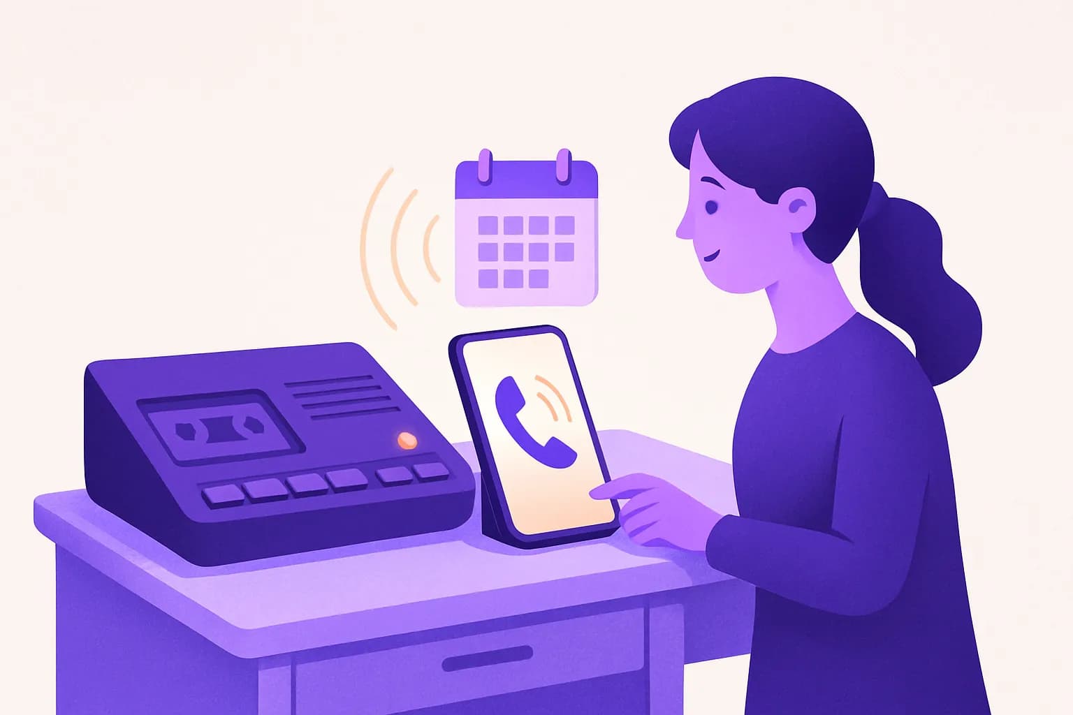 Illustrazione di una vecchia segreteria telefonica a cassetta accanto a uno smartphone che riceve una chiamata e la trasforma in un appuntamento in calendario