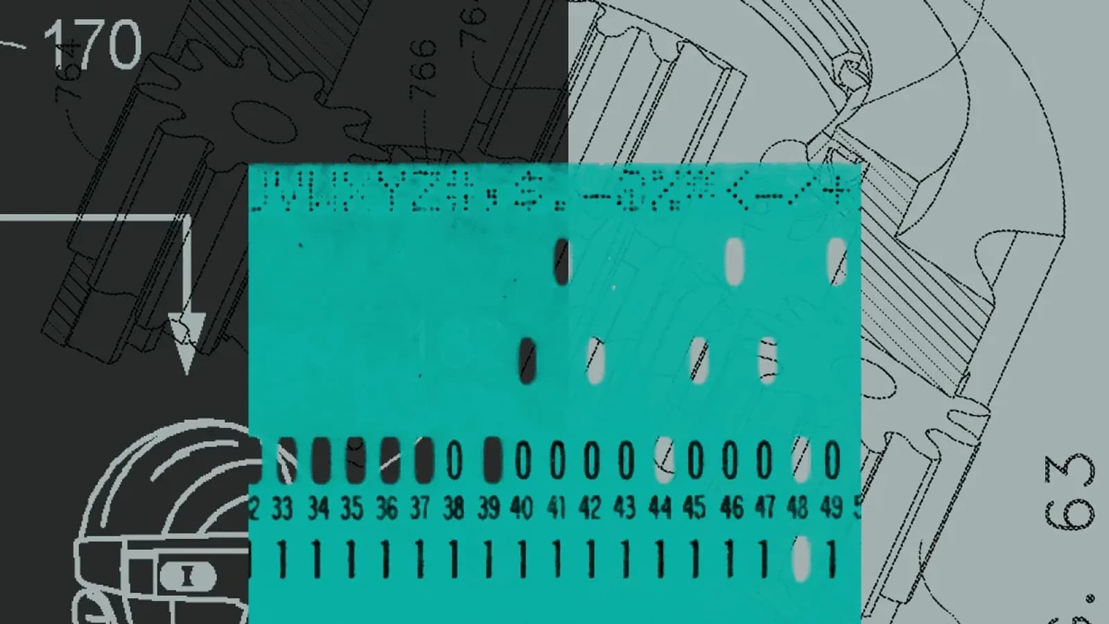 Cover of the Jev announcement: a teal punched card over technical drawings of gears and the outline of a head (image by TypeSafe AI)
