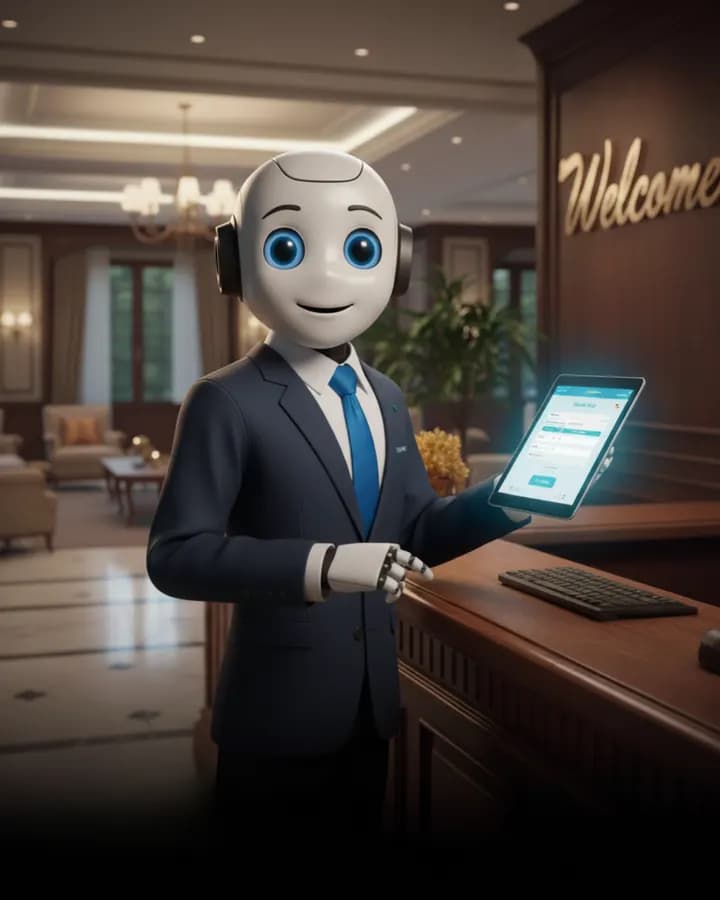 Il robot di yourang in giacca e cravatta alla reception di un hotel, con un tablet in mano