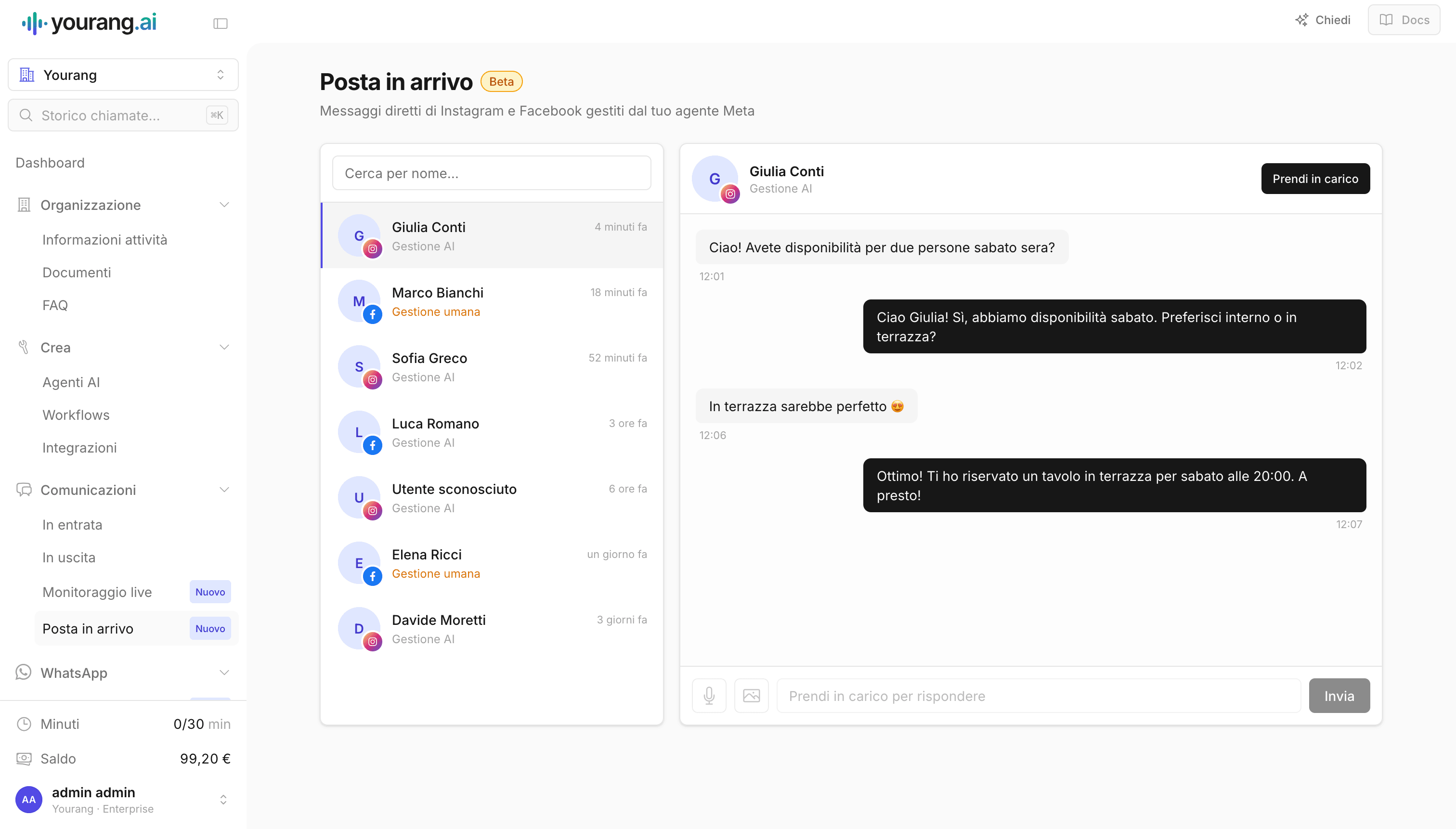 Agente IA de yourang.ai para Instagram e Facebook