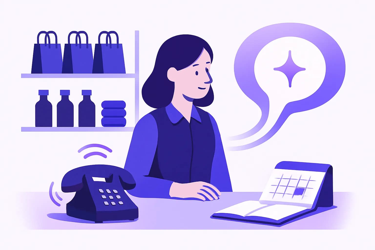 Illustration: a person at a shop counter next to a ringing phone, the sound turning into a speech bubble with an AI spark symbol