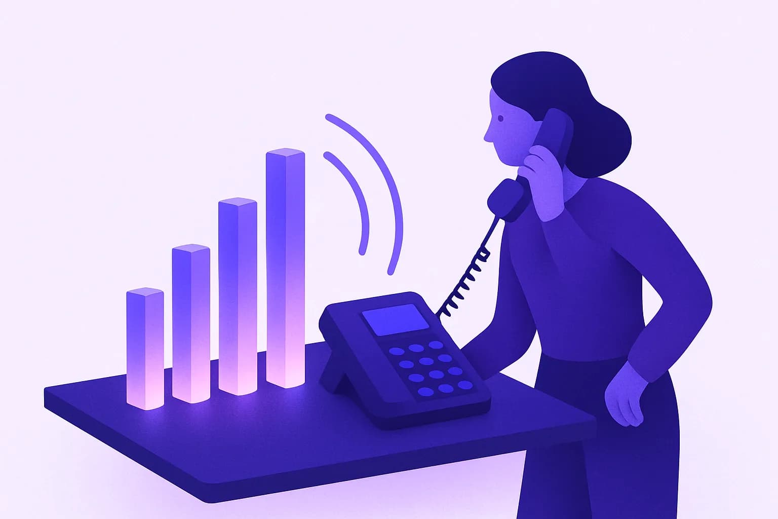 Illustration: a woman on the phone next to a desk with glowing bars of different heights, like a comparison chart