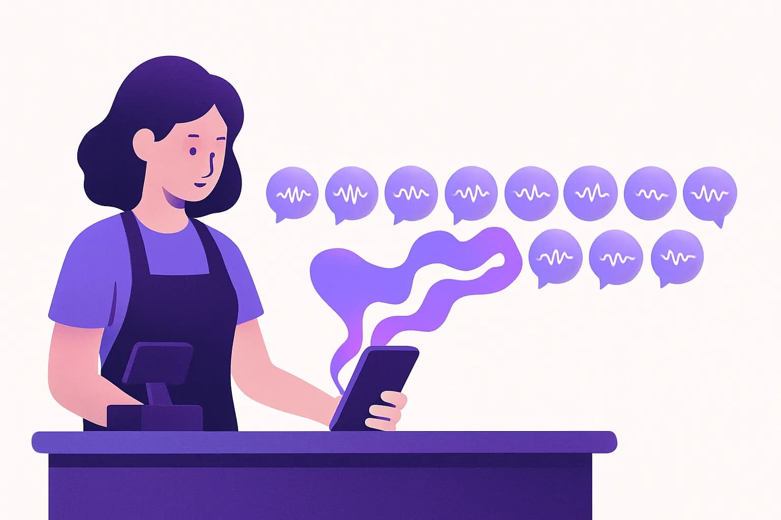 Illustrazione di una persona al banco di un negozio con uno smartphone da cui escono tredici fumetti viola con onde sonore, a rappresentare le nuove voci