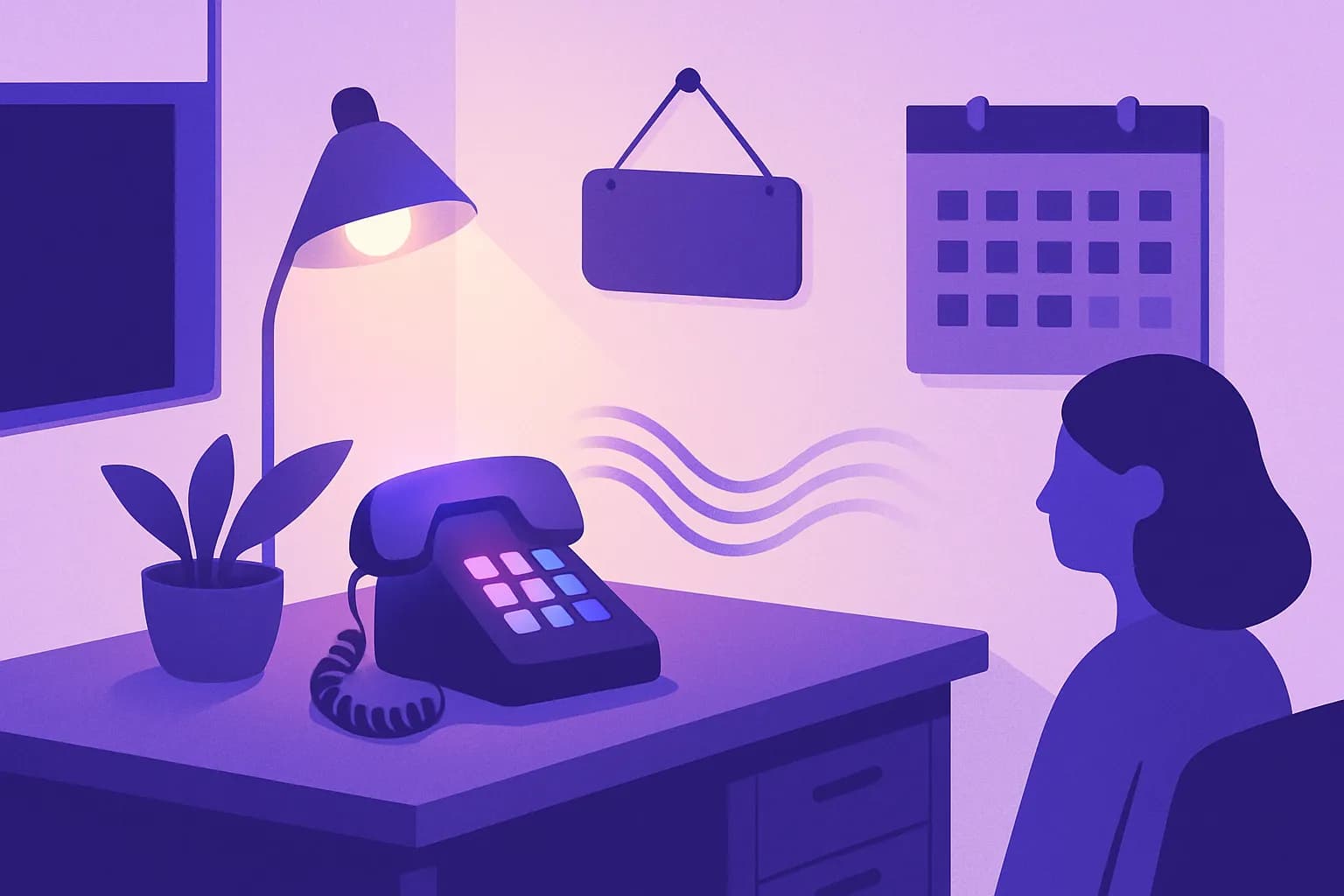 Illustrazione di un ufficio dopo la chiusura: un telefono fisso illuminato da una lampada sulla scrivania, onde sonore, un cartello appeso, un calendario e una persona di spalle
