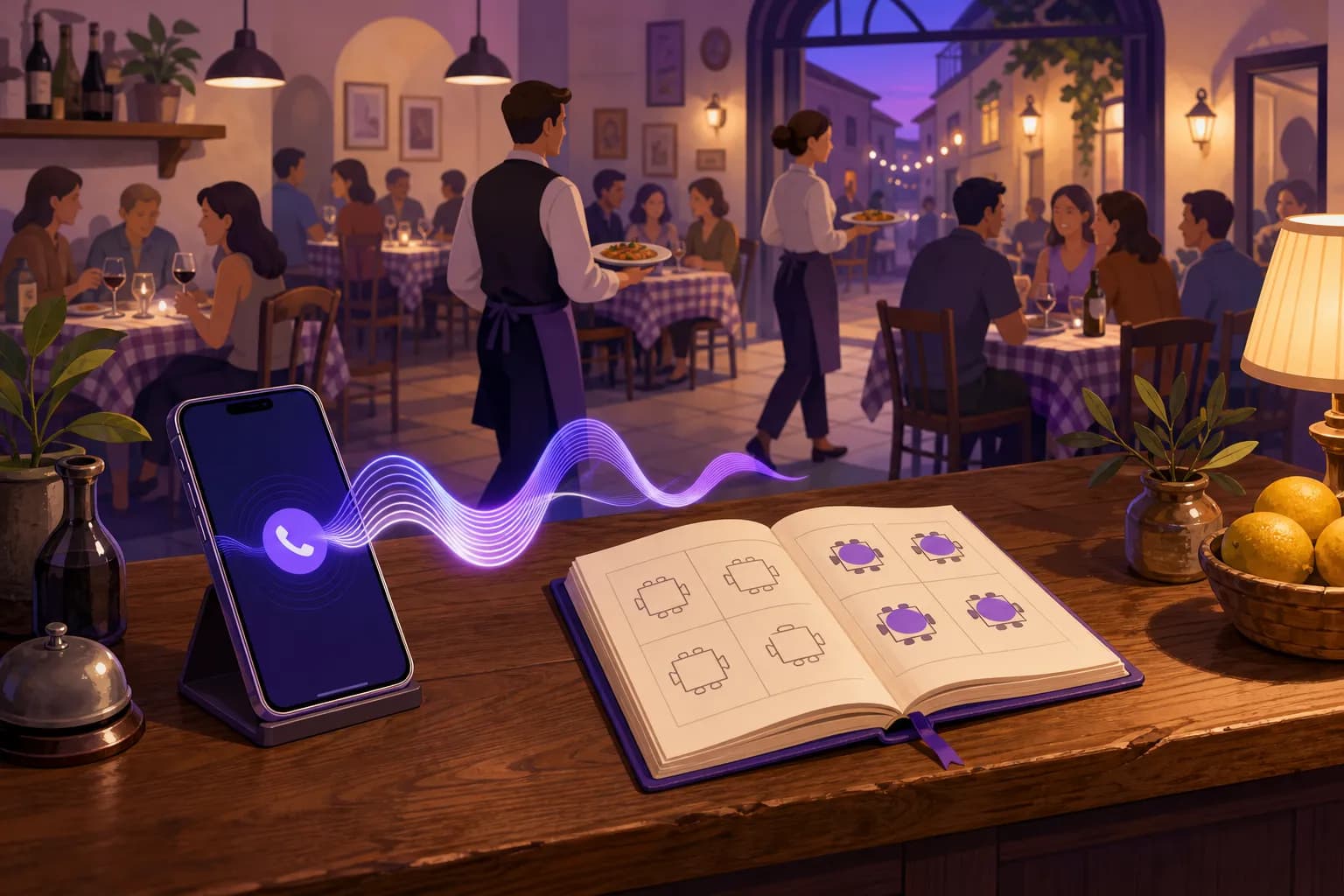 Illustrazione di una trattoria piena durante il servizio serale, con uno smartphone che squilla sul bancone accanto a un quaderno delle prenotazioni