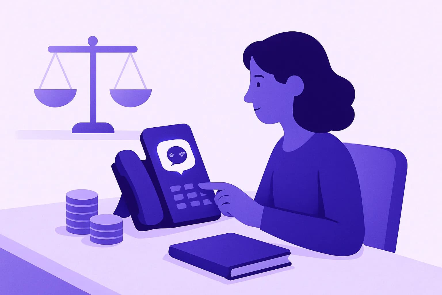 Illustrazione: una titolare di studio davanti a un telefono da scrivania con un fumetto, accanto a una bilancia e a pile di monete, per confrontare i costi