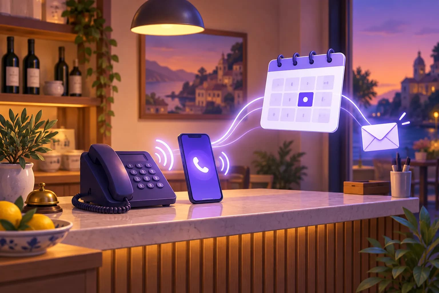 Illustrazione: il bancone di una piccola attività con un telefono fisso e uno smartphone, da cui partono onde sonore che diventano un calendario con un appuntamento e un messaggio
