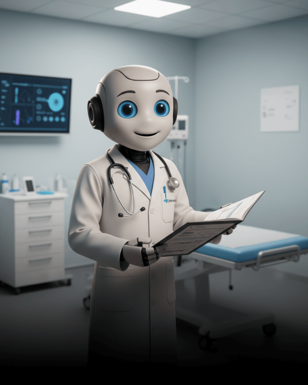 Il robot di yourang con camice e stetoscopio in un ambulatorio medico