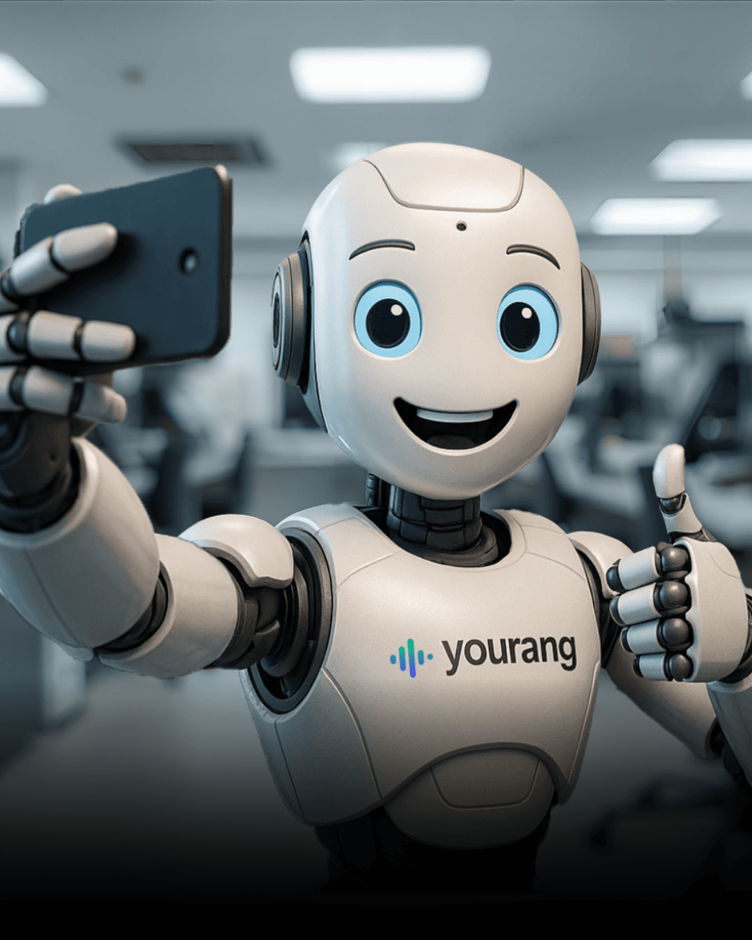 Il robot di yourang si scatta un selfie con lo smartphone e alza il pollice
